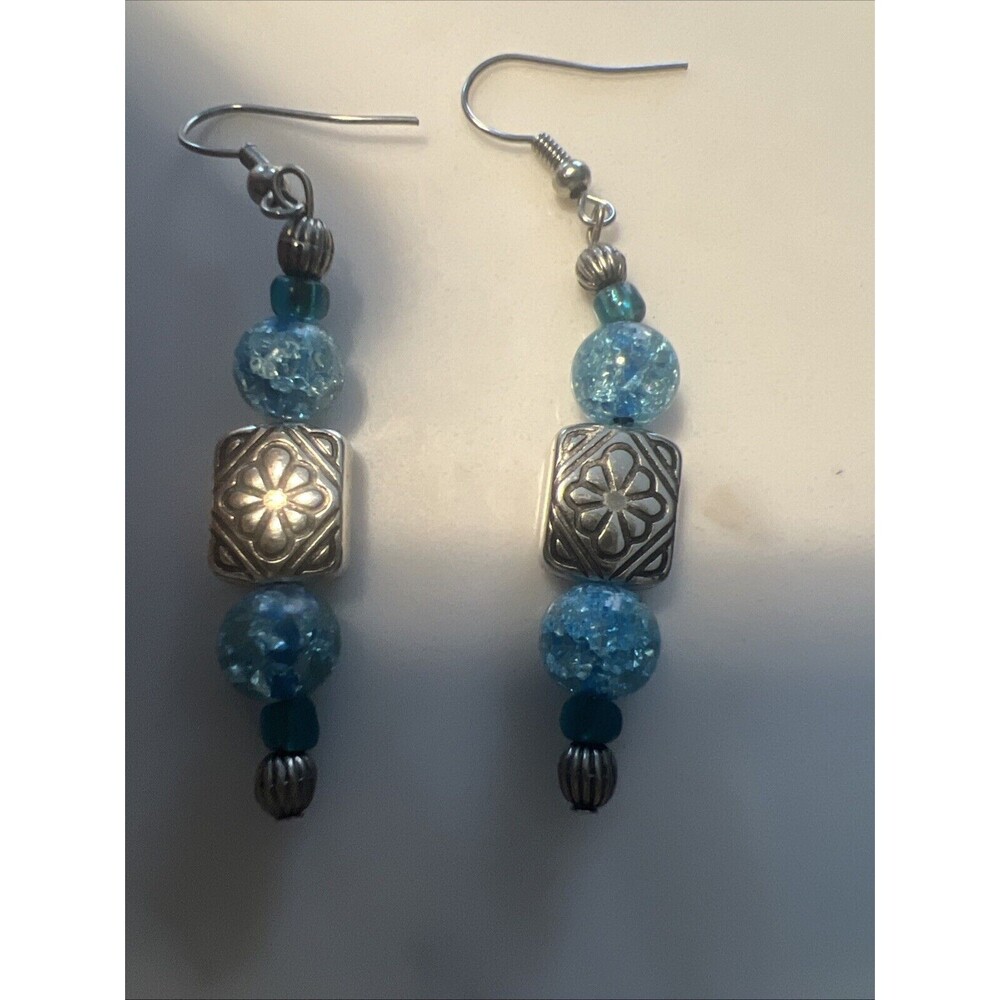 Dangle Beaded Green Blue Earrings Silver Tone Mid Century Boho Pierce 2”